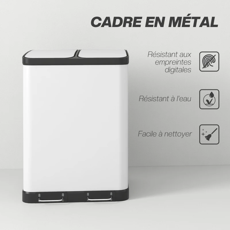 HOMCOM Poubelle de cuisine 2 x 30L avec pédale en acier inoxydable, 2 compartiments, couvercle à fermeture douce, 60L, blanc