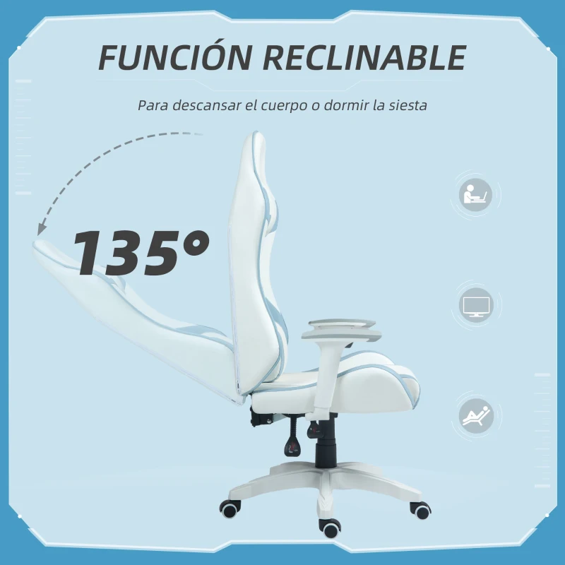 HOMCOM Silla Gamer con Cojín Lumbar Reposabrazos Ajustable Reposacabezas Extraíble y Altura Ajustable 67x60x120-128 cm Azul