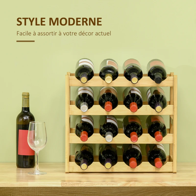 HOMCOM Range-bouteilles casier porte-bouteilles en bois de bambou 4 niveaux 16 bouteilles 43 x 23,5 x 38 cm bois naturel