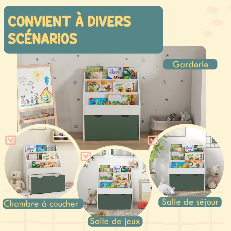 AIYAPLAY Bibliothèque pour enfants Multi-Rangement avec 3 niveaux d'étagères et un tiroir, 62,5L x 30l x 70H cm, vert