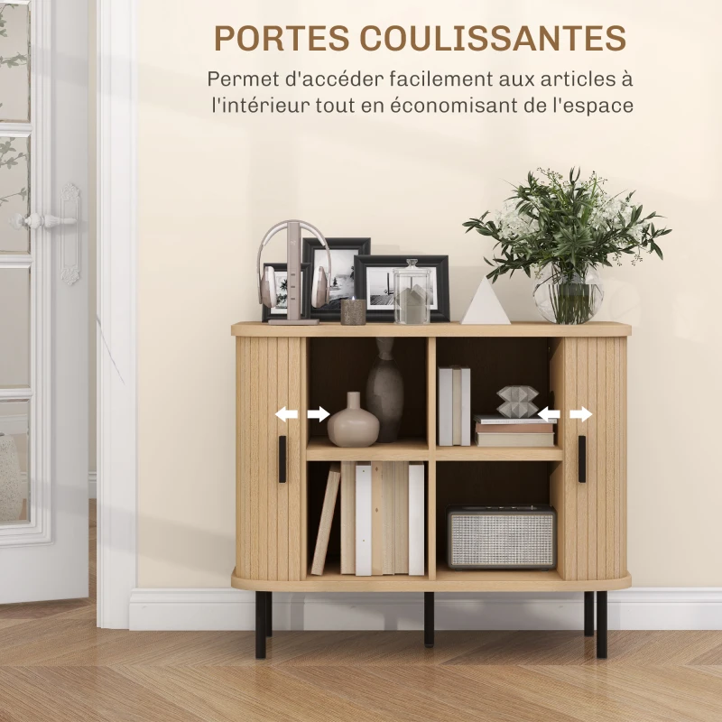 HOMCOM Buffet meuble de rangement avec portes coulissantes à lattes, armoire de cuisine avec pieds en acier, ton chêne