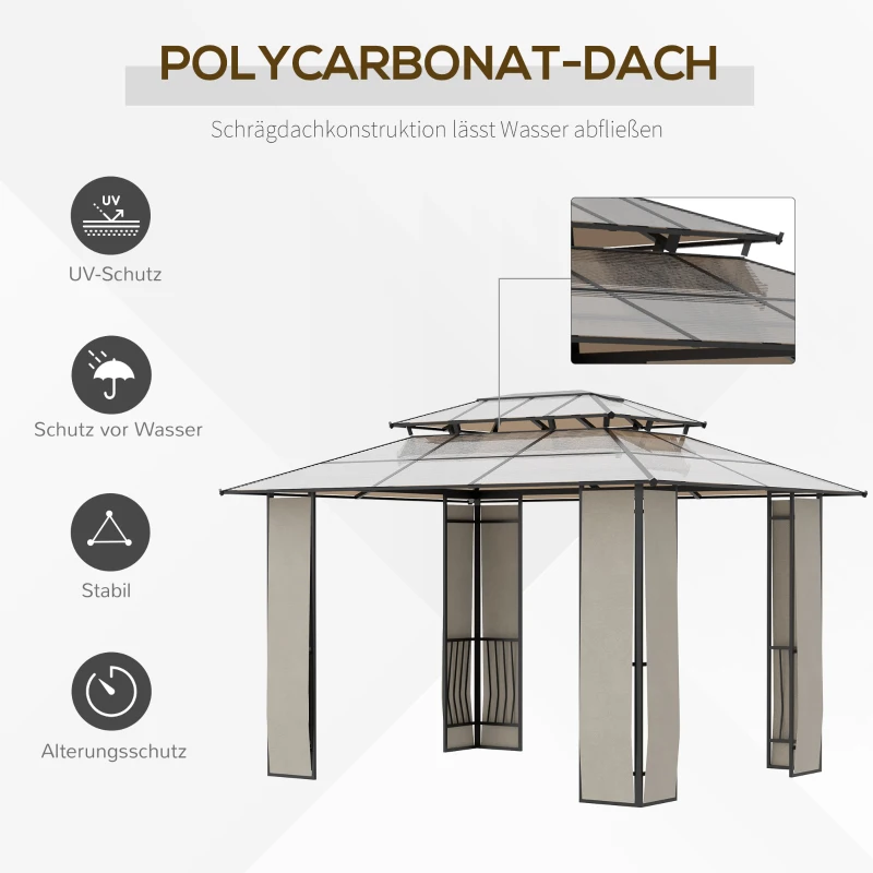 Outsunny Gartenpavillon Pavillon mit Sonnendach aus Polycarbonatplatten UV-Schutz wasserabweisend Robust Braun+Hellgrau 3,65 x 3 x 2,75 m