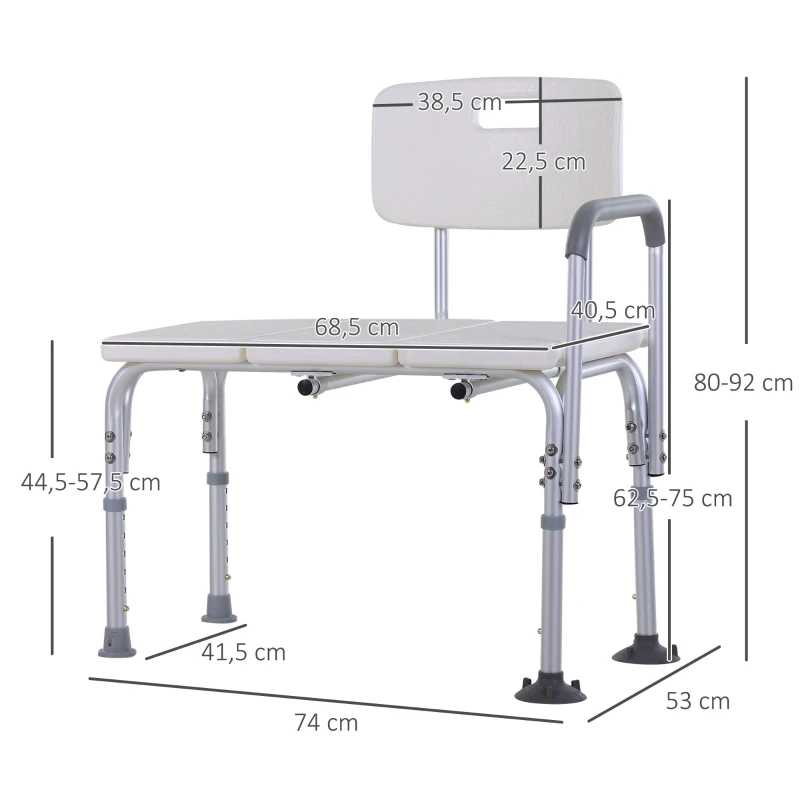 HOMCOM Tabouret de douche chaise de douche dossier ergonomique hauteur réglable pieds antidérapants grande assise charge max. 136 kg 74 x 53 x 80-92 cm blanc