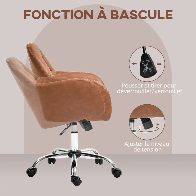 HOMCOM Fauteuil de bureau chaise de bureau pivotant sur roulettes, hauteur réglable, revêtement synthétique marron