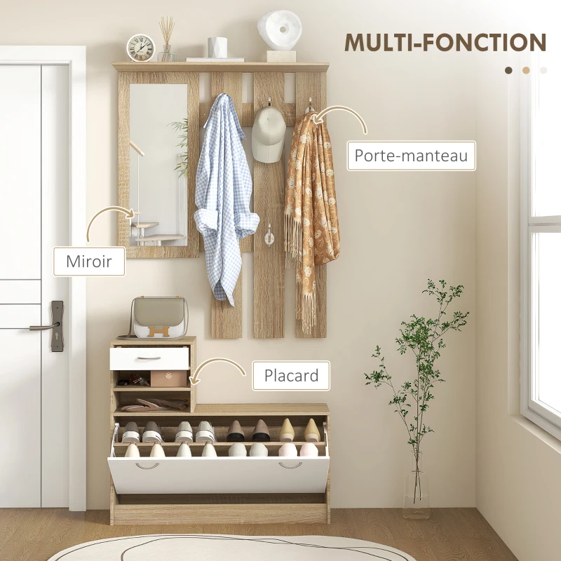 HOMCOM Meuble d'entrée vestiaire avec panneau porte-manteau, miroir et banc à chaussures - 6 crochets et étagère réglable