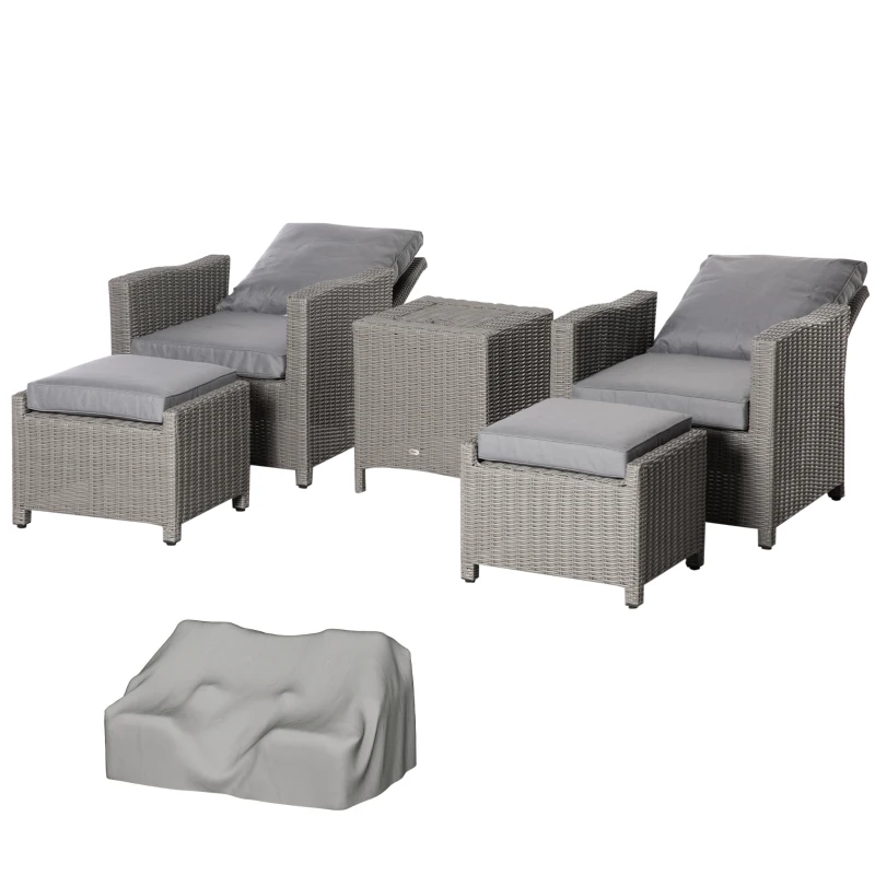 Outsunny 5 Pieces Outdoor PE Rattan Garden Furniture with Cushions, Patio Lounge Adjustable Backrest Chairs, Footstools and Cooler Bar Coffee Table & Cover, Grey