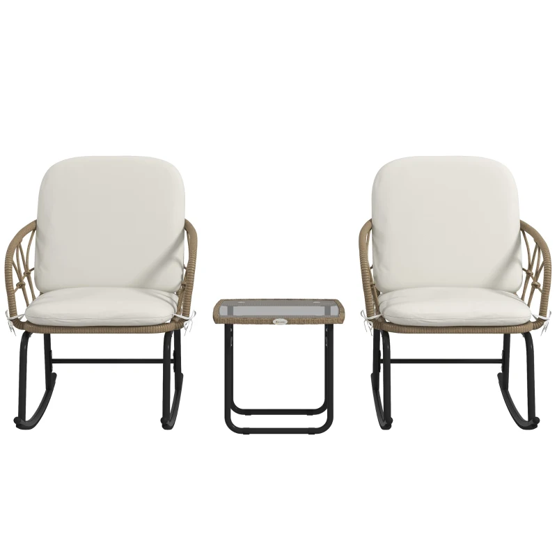 Outsunny Conjunto de Muebles de Ratán de 3 Piezas con 1 Mesa de Centro 2 Mecedoras y Cojines para Jardín Crema y Beige