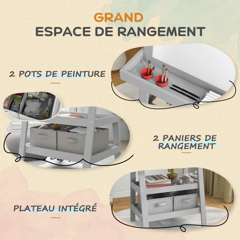 AIYAPLAY Tableau chevalet enfant 3 en 1 avec tableau blanc magnétique, tableau à craie, rouleau papier, 2 paniers, 3-6 ans, gris