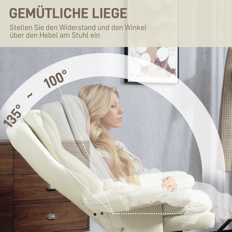 HOMCOM Relaxsessel mit Hocker, Liegefunktion, Drehbarer TV-Sessel mit Holzsockel, bis 150 kg belastbar, Kunstleder, Cremeweiß(m-4)