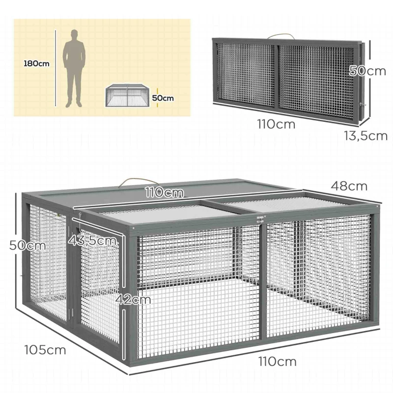 PawHut Clapier à lapins cage lapin pliable avec poignée dessus ouvrable pour 2 à 3 lapins cochons d'inde 110 x 105 x 50 cm gris