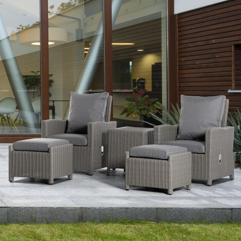 Outsunny 5 Pieces Outdoor PE Rattan Garden Furniture with Cushions, Patio Lounge Adjustable Backrest Chairs, Footstools and Cooler Bar Coffee Table & Cover, Grey