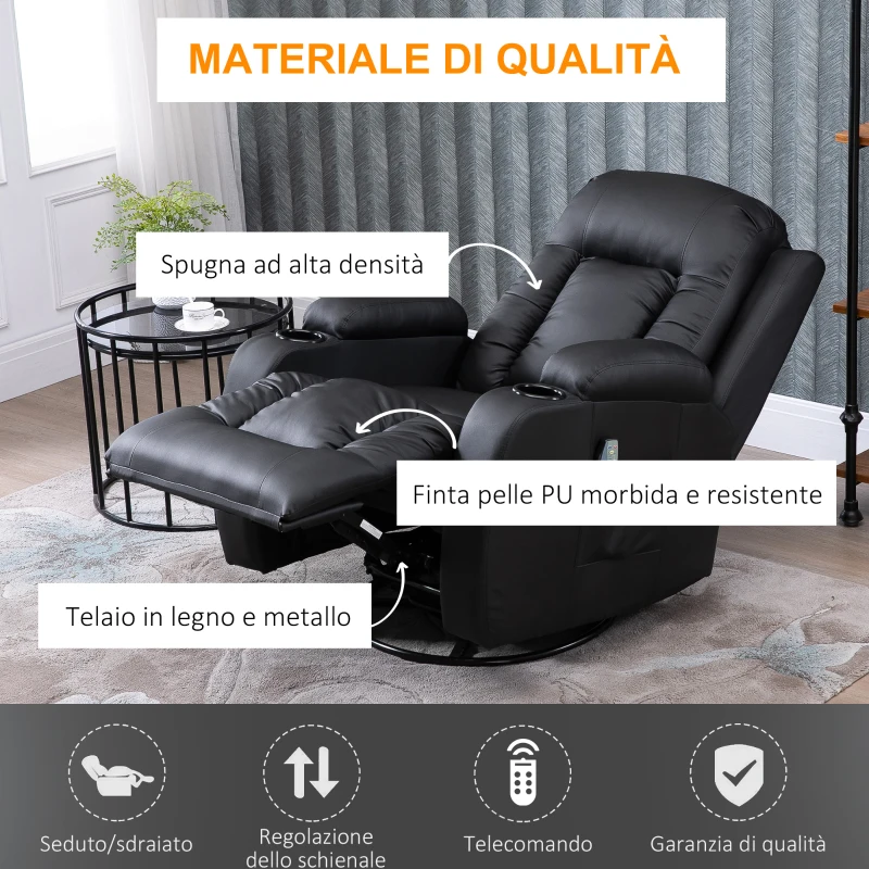 HOMCOM Poltrona Relax Reclinabile con 8 Punti Massaggio e Telecomando in Similpelle, 85x94x104cm, Nero