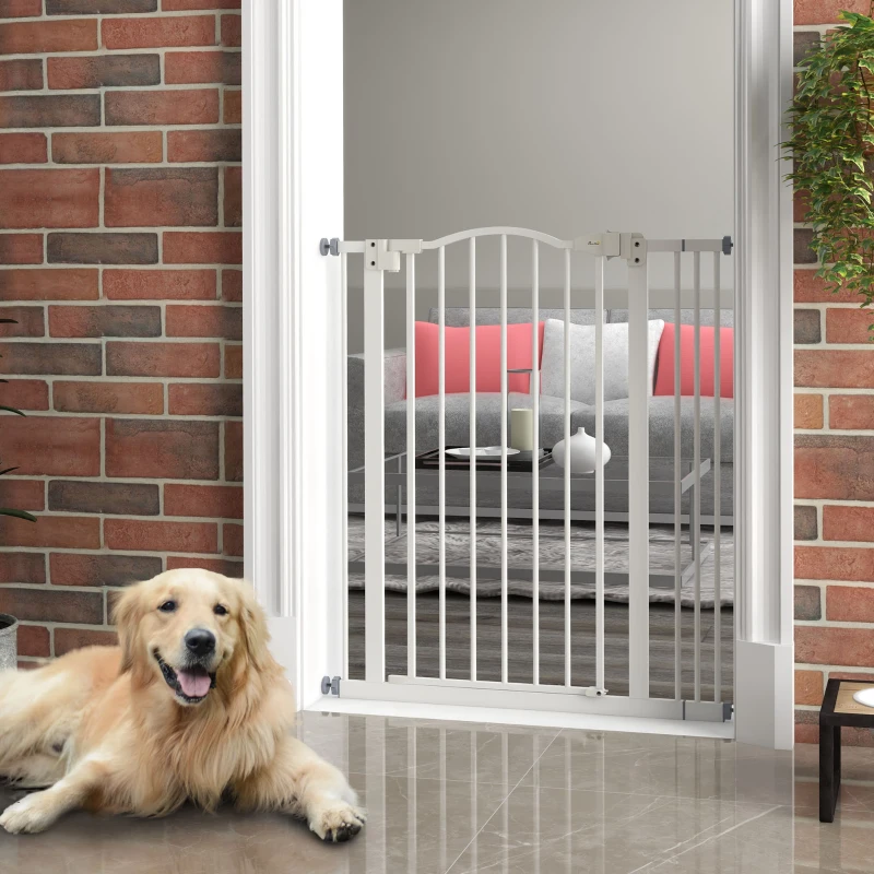 PawHut Metal Pet Safety Gate Dog Gate Folding Fence 74-87cm, White