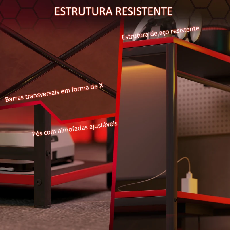 HOMCOM Secretária Gaming com Luzes LED 100x50 cm Secretária Gaming de Fibra de Carbono com Tomadas de Corrente e Controlo Remoto Preto