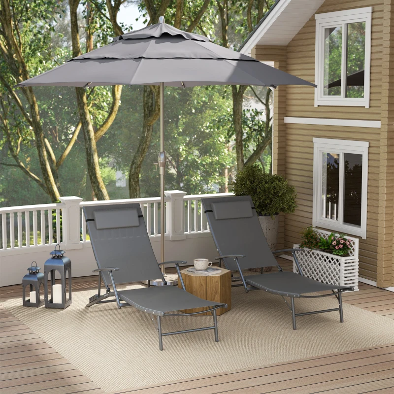 Outsunny Set of Two Adjustable Back Sun Loungers - Grey