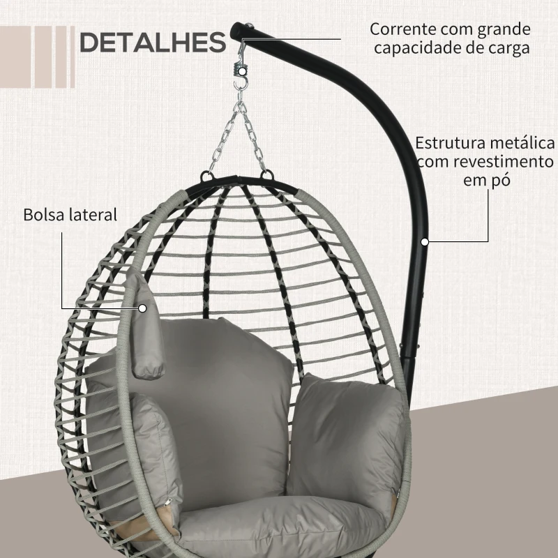Outsunny Cadeira Supensa com Suporte com Cesta Dobrável Almofada e Apoio para a Cabeça  110x100x188 cm Cinza e Preto
