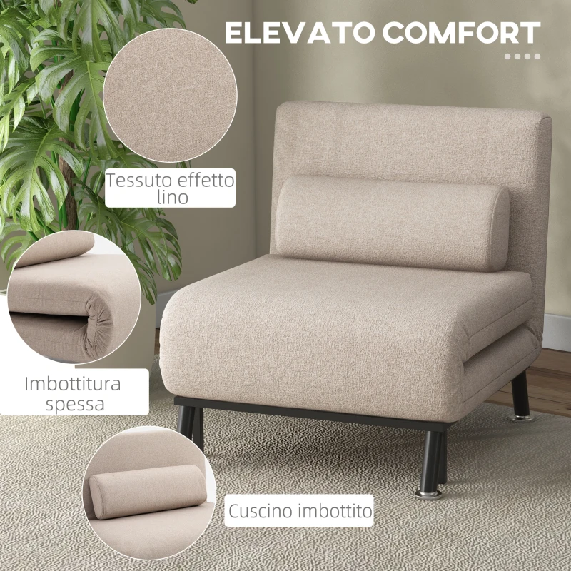 HOMCOM Poltrona Letto Singolo 3 in 1 con Schienale Reclinabile su 5 Livelli, Cuscino Imbottito e Materasso, Divano Letto Singolo Pieghevole per Soggiorno, in Acciaio, Lino, 75x70x75cm, Beige
