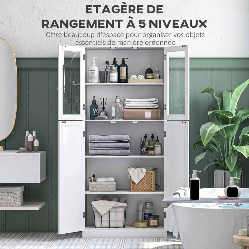 HOMCOM Meuble de salle de bain, meuble de rangement, avec deux armoires à double porte en verre trempé, 60 x 30 x 160 cm, blanc