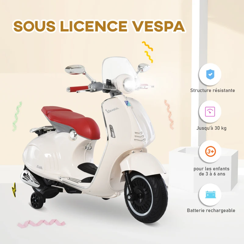 HOMCOM Vespa Scooter Moto électrique Enfants 6 V dim. 108L x 49l x 75H cm Musique klaxon 2 roues auxiliaires, 3-6 ans, Blanc