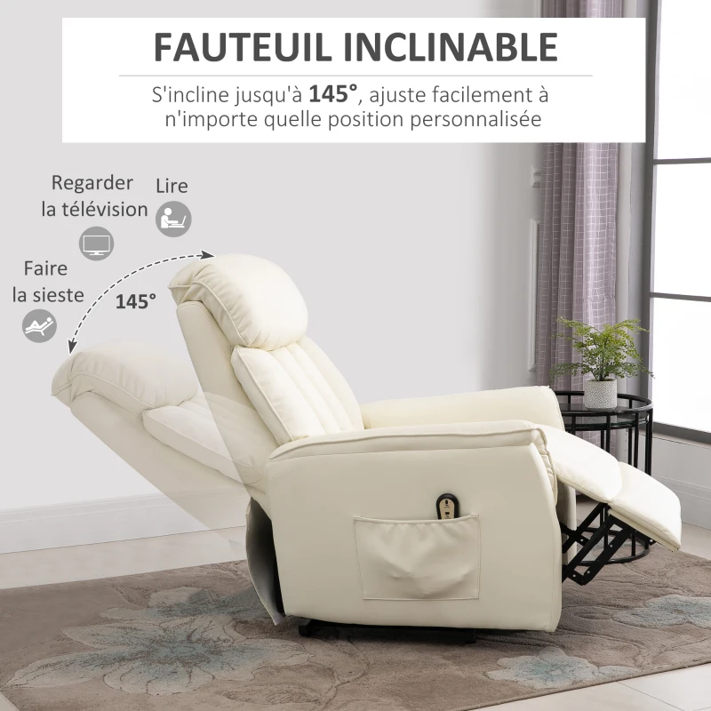 HOMCOM Fauteuil électrique releveur fauteuil relax avec repose-pieds dossier inclinable télécommande poche latérale crème