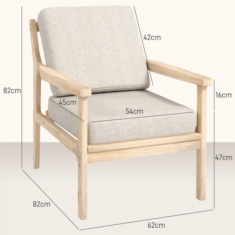 HOMCOM Fauteuil design minimaliste structure bois, 2 coussins amovibles recouvert de tissu effet lin, accoudoirs, beige