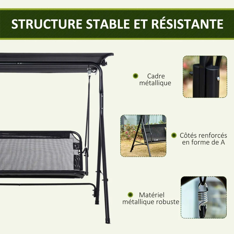 Outsunny Balancelle de jardin 2 places balancelle d'extérieur toit inclinaison réglable structure acier 172 x 110 x 155 cm noir