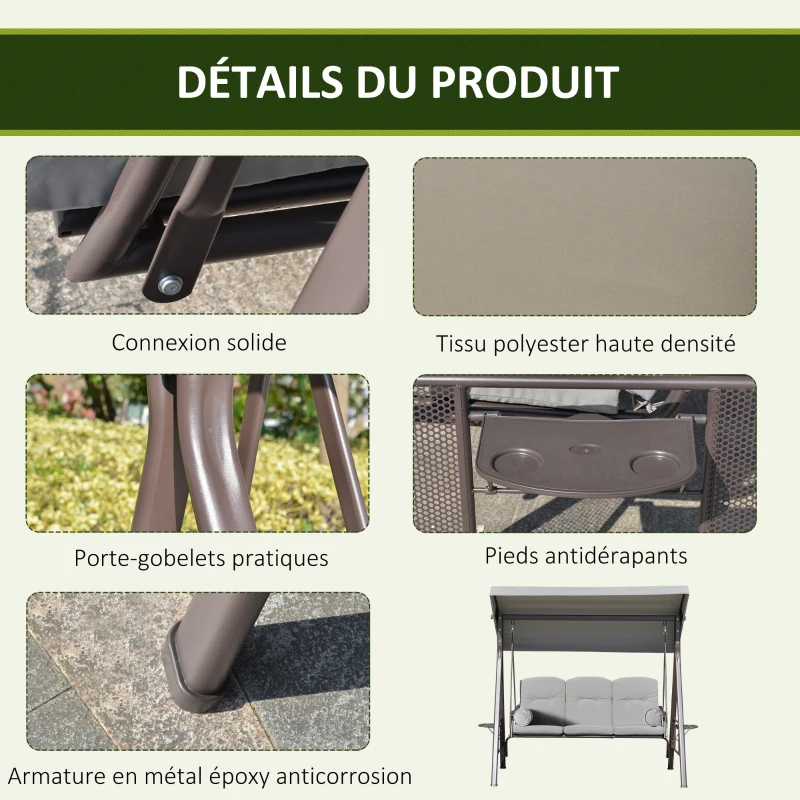 Outsunny Balancelle de jardin 3 places toit inclinaison réglable coussins plateaux 116 x 206 x 183 cm polyester gris clair