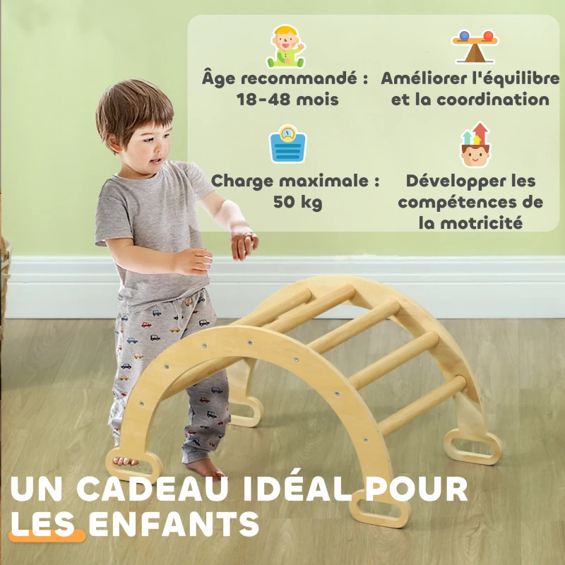 AIYAPLAY Arche escalade enfants bascule en bois d'intérieur pour garçons & filles, tout-petits de 18 à 48 mois, bois naturel