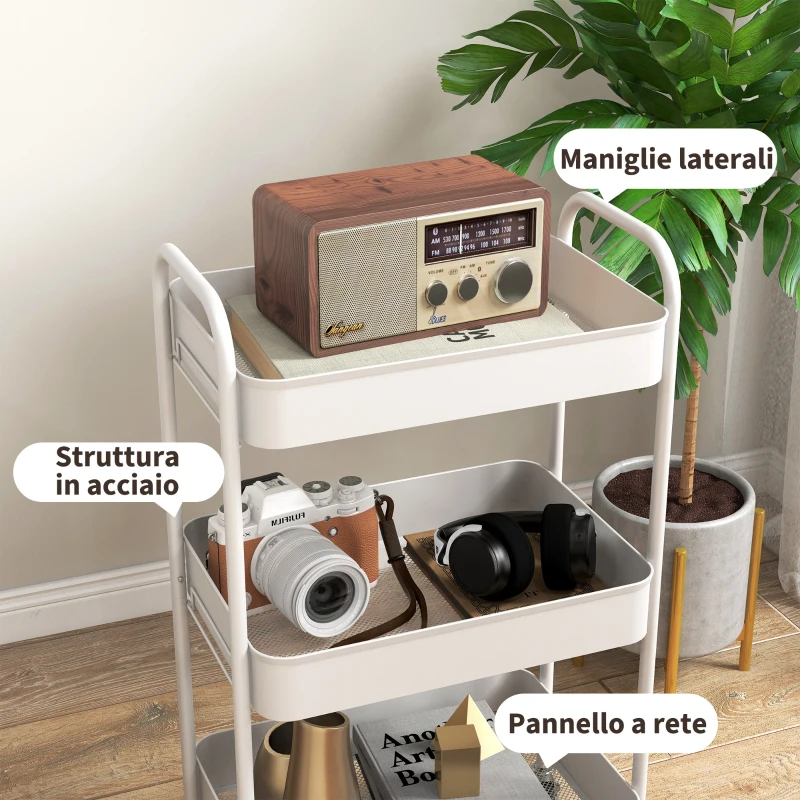 HOMCOM Carrello da Cucina a 3 Livelli con Maniglie e 4 Rotelle, in Acciaio, 45x30.6x79 cm, Bianco