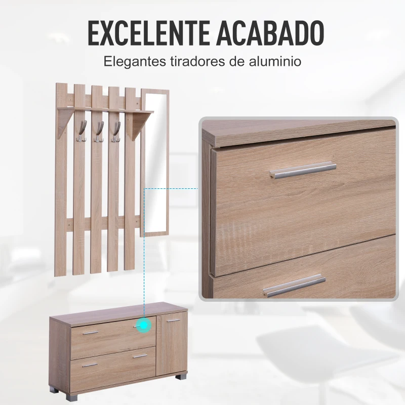 HOMCOM Conjunto de Recibidor de Entrada con Espejo Perchero Zapatero 3 Ganchos Estante y 2 Cajones para Pasillo Roble