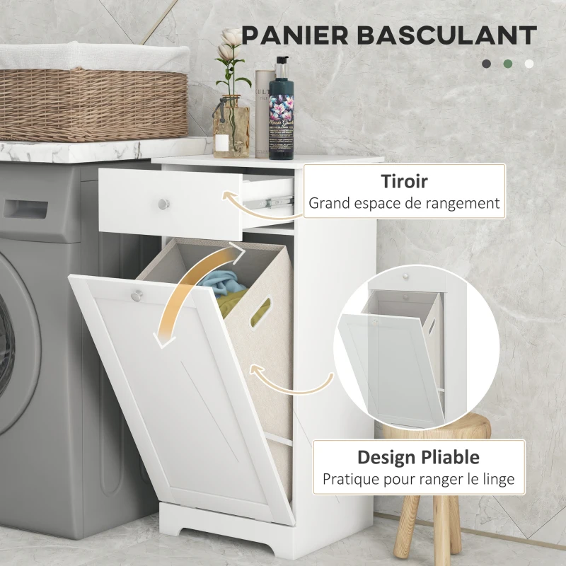HOMCOM Meuble de salle de bain avec panier à linge, meuble de rangement avec tiroir - 40L x 40l x 90,5H cm - blanc