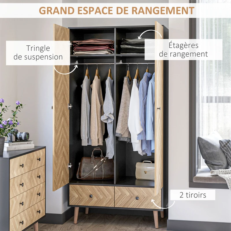 HOMCOM Armoire à 2 portes, armoire de chambre, avec étagères, tringles et 2 tiroirs, en bois, 90l x 50P x 190H cm, gris foncé