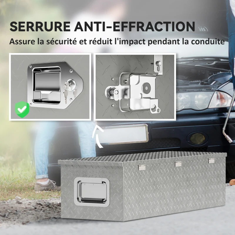 HOMCOM Boîte à outils pour remorque boîte de rangement en aluminium poignées larges et antidérapantes 99 x 33 x 25,5 cm argent