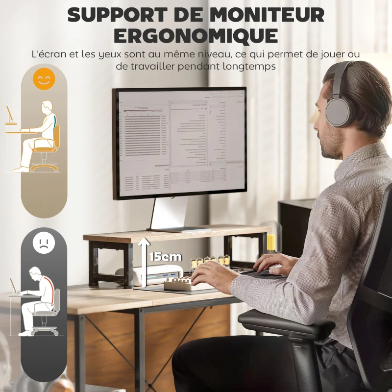 HOMCOM Bureau d'angle modulable réversible 168-240 cm style industriel - étagère réglable, sac de rangement, support d'écran