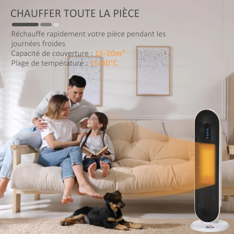 HOMCOM Chauffage soufflant oscillant 1200/2000 W - mini radiateur céramique PTC - télécommande incluse - chauffage d'appoint