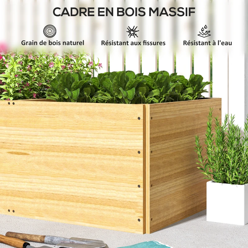 Outsunny Jardinière extérieur, carré potager en bois, 3 compartiments de plantation et doublure inclus, 140x60x40cm, naturel