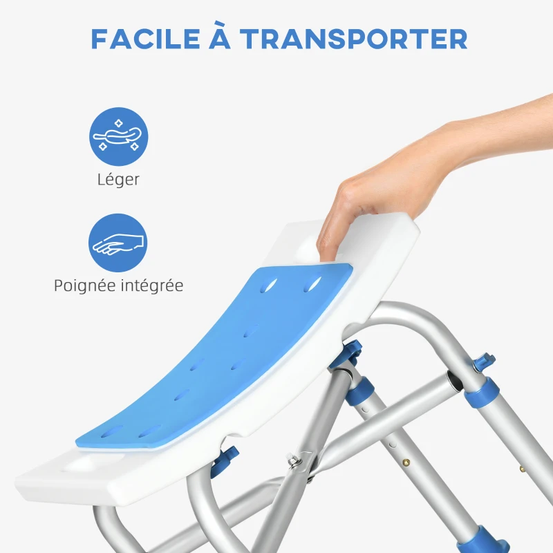 HOMCOM Tabouret de douche chaise de douche - assise rembourré et réglable, patins à ventouses antidérapants, en aluminium bleu