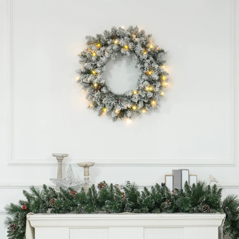 HOMCOM Couronne de Noël porte artificielle 60 CM avec pommes de pin et grappes de baies, lumières LED et minuterie vert