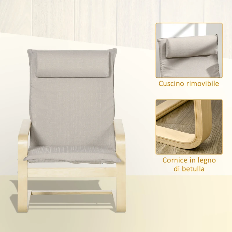 HOMCOM Poltrona Relax con Pouf Poggiapiedi in Legno e Tessuto con Poggiatesta, 67x69x100cm, Grigio