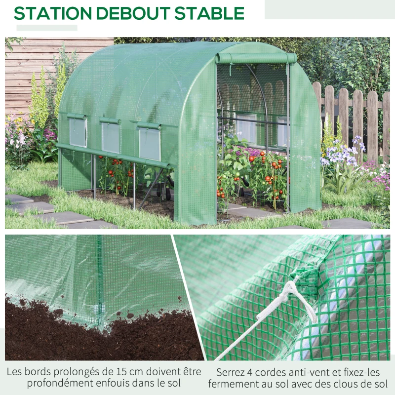 Outsunny Serre de jardin tunnel serre tunnel 6 m² avec 6 fenêtres porte enroulable toile PE structure en acier galvanisé vert