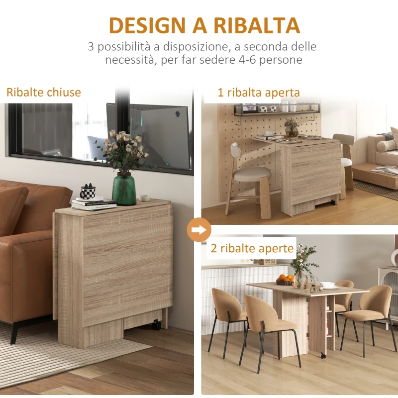HOMCOM Tavolo Pieghevole con 2 Ribalte per 6 Persone con Ripiani e Rotelle Integrate, Legno Naturale