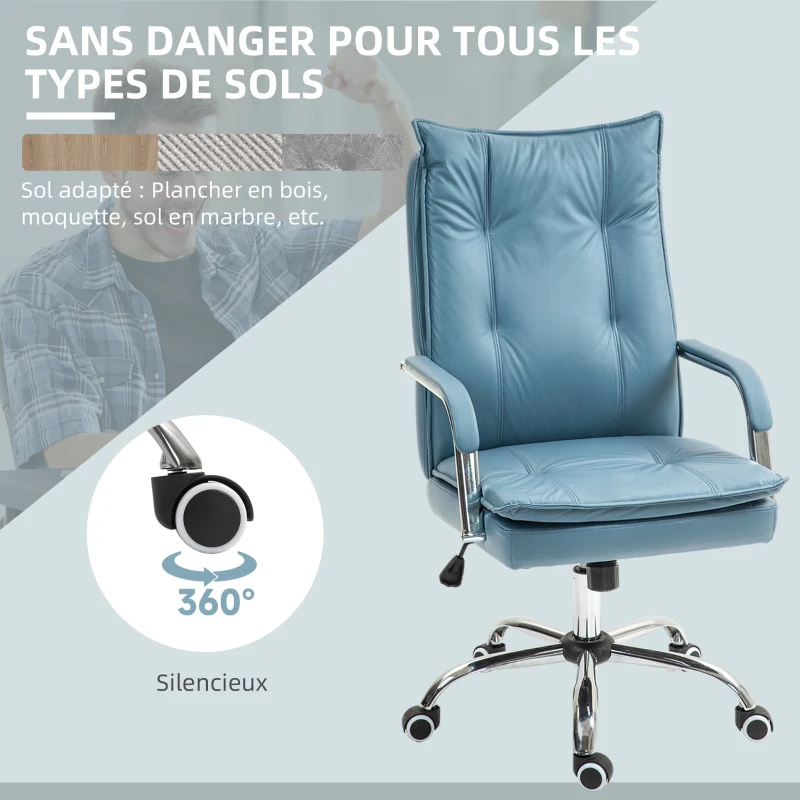 HOMCOM Chaise de bureau fauteuil de bureau hauteur réglable, dossier haut inclinable, accoudoirs et roulettes, bleu