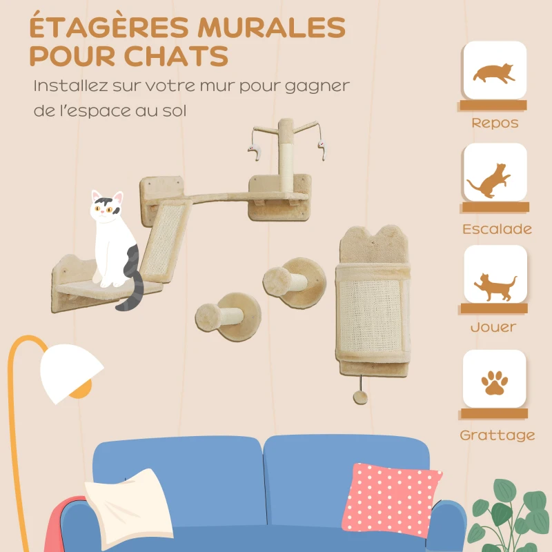 PawHut Étagères murales pour chat, ensemble de meubles muraux pour chat, lot de 4 pièces, avec teasers, balle de jouet, beige