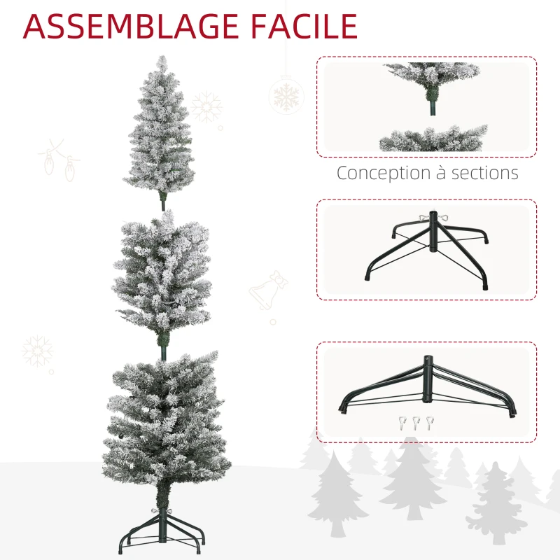 HOMCOM Sapin de Noël artificiel 150 cm avec éclairage LED blanc chaud, 263 branches enneigées, base en métal, réaliste et fin