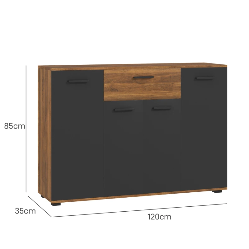 HOMCOM Buffet Wohnzimmerschrank Aufbewahrungsmöbel mit 4 Schränken, Schubladen und verstellbaren Regalen, Maße 120 x 35 x 85 cm, Braun und Schwarz