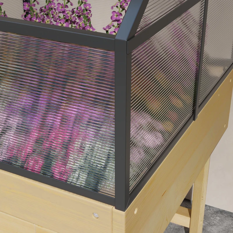 Outsunny Mini Gewächshaus auf Beinen Maße 60L x 57B x 103H cm doppeltes öffenbares Dach aus Polycarbonat, Stahl, behandeltes Tannenholz