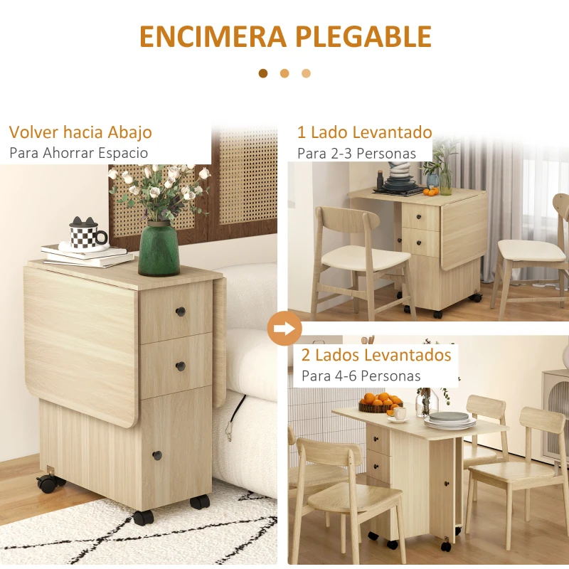 HOMCOM Mesa Plegable con Ruedas y Alas Abatibles Mesa Auxiliar Multifuncional con Almacenaje 120x60x76,5 cm Natural