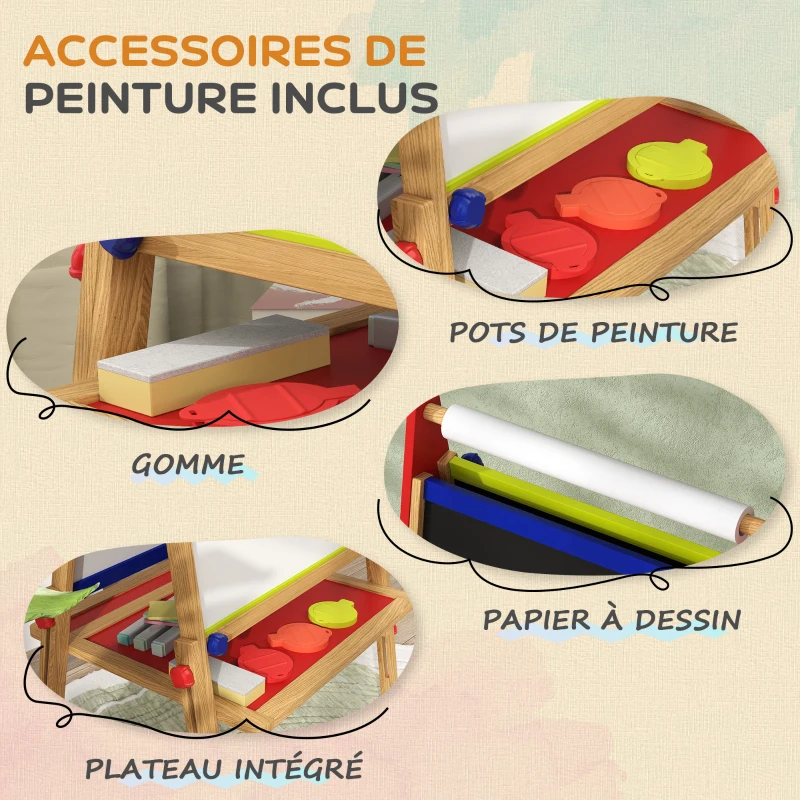 AIYAPLAY Chevalet peinture pour enfants, tableau enfant double face 3 en 1 hauteur réglable 61l x 47P x 113H cm bois naturel