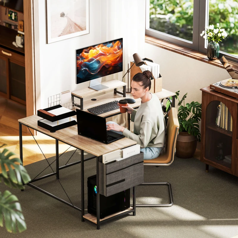 HOMCOM Modularer, umkehrbarer Eck-Schreibtisch 168-240 cm im Industrie-Stil - höhenverstellbares Regal, Aufbewahrungstasche, Bildschirmständer