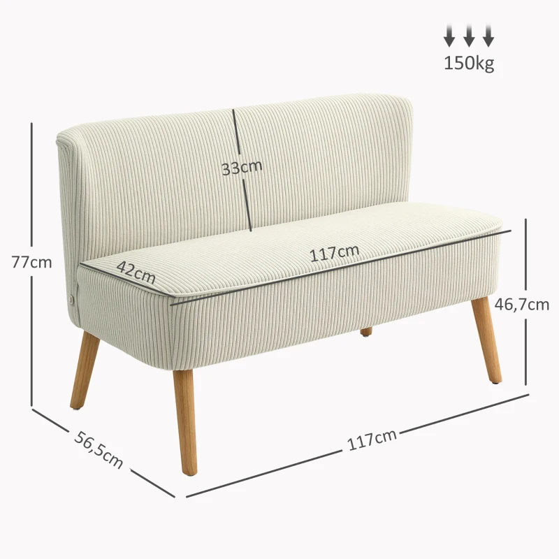 HOMCOM Canapé 2 Places, Rembourrage Moelleux, Revêtement Facile à Entretenir, Supporte Jusqu'à 150 kg, 117 x 56,5 x 77 cm, Blanc Crème(m-3)